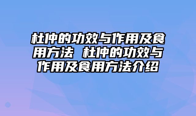 杜仲的功效与作用及食用方法 杜仲的功效与作用及食用方法介绍