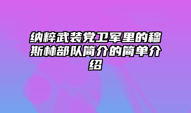 纳粹武装党卫军里的穆斯林部队简介的简单介绍